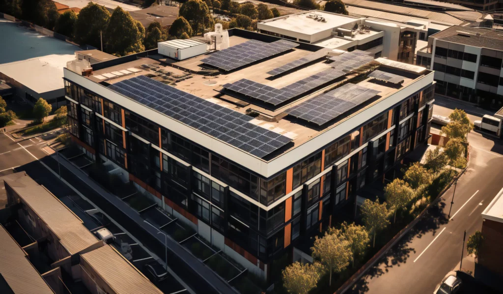 Bâtiment commercial avec panneau photovoltaïque sur le toit