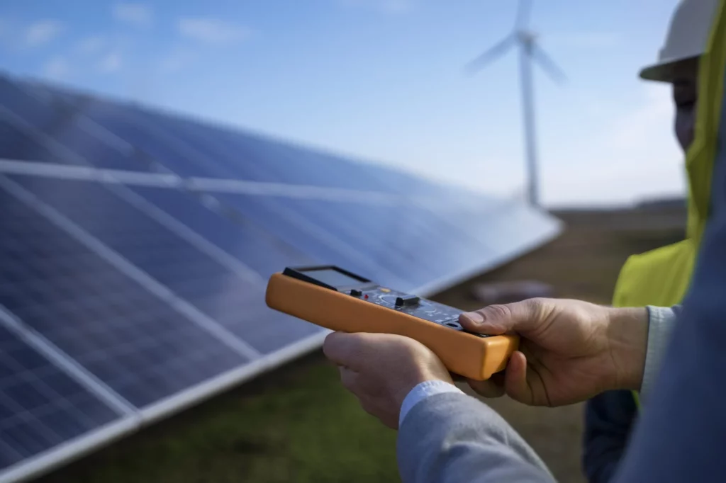 Photo d'une personne mesurant la puissance des panneaux photovoltaïque